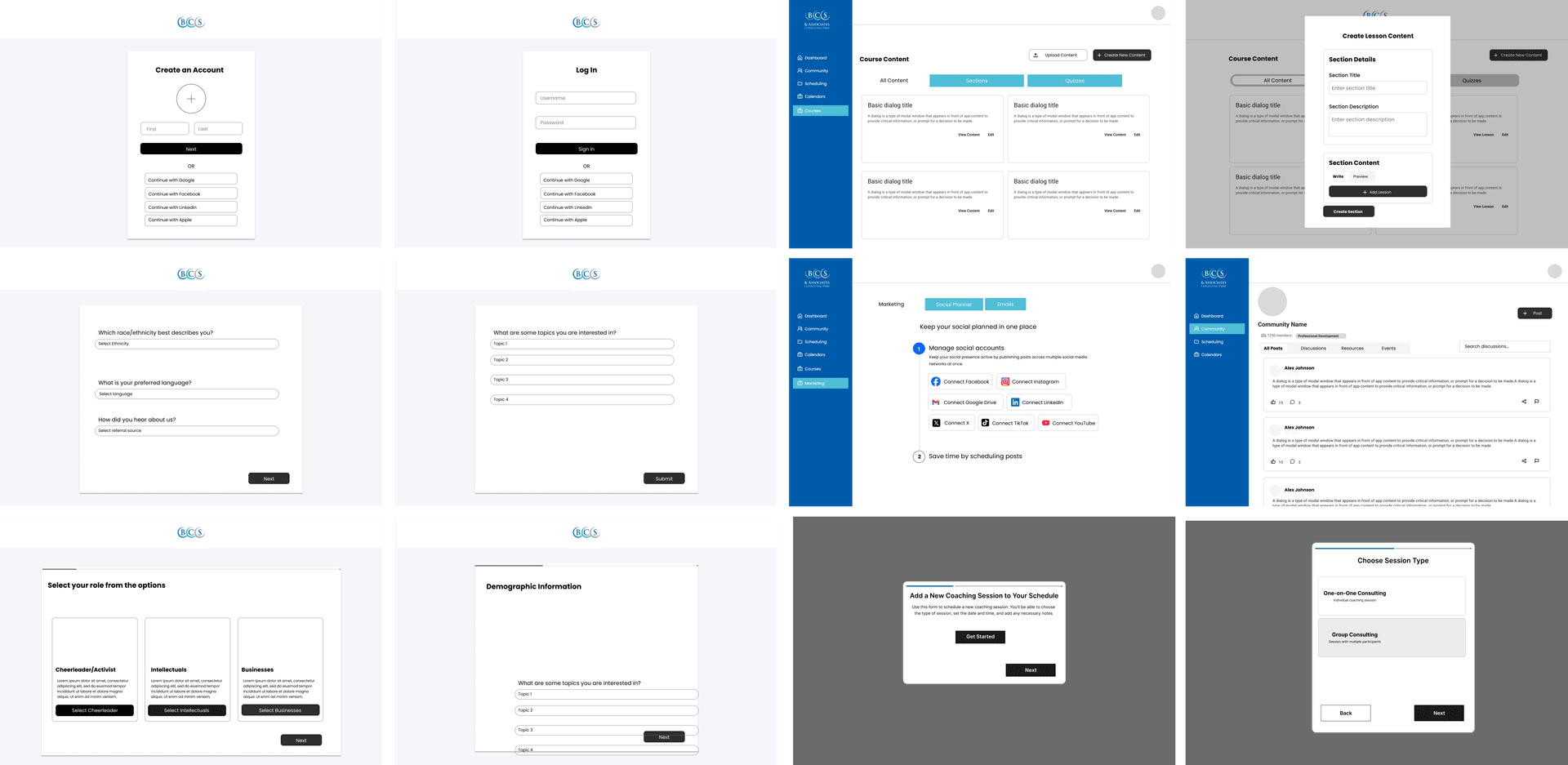 Initial wireframes showing the user interface layout